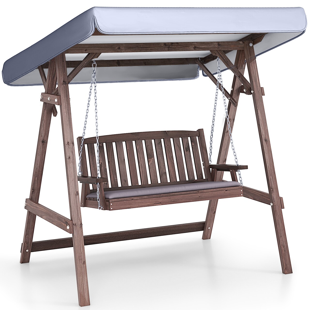 Brown Wooden Outdoor Porch Swing with A-Shaped Stand and Grey Tilt Canopy Ideal for 2 Person